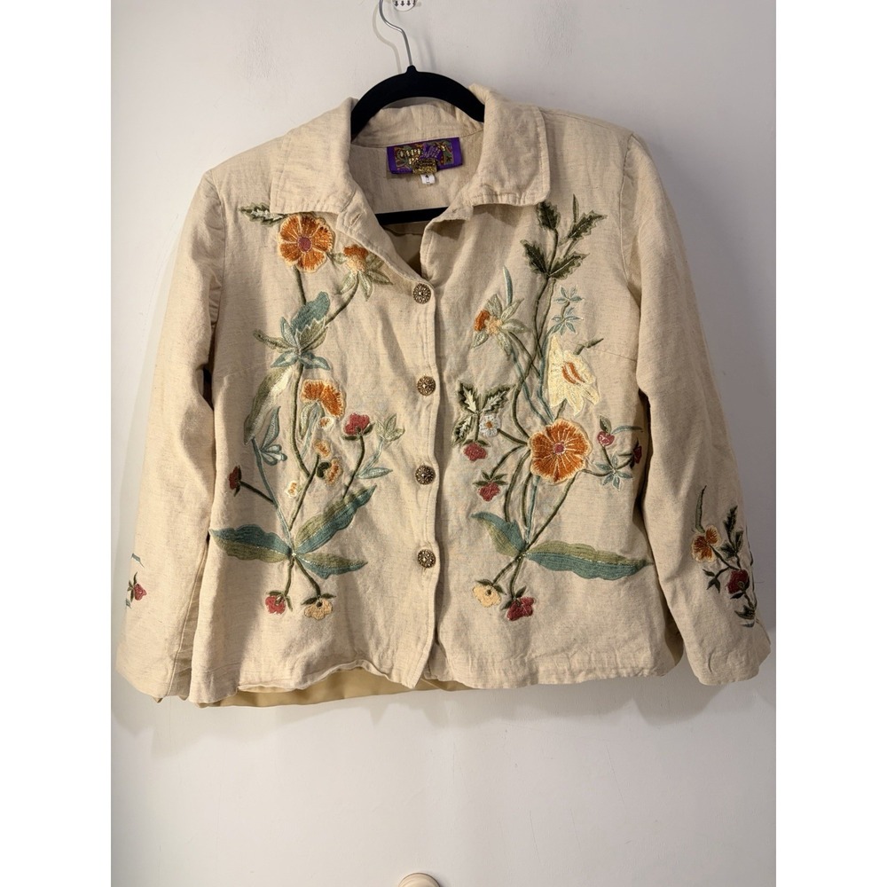 Tapestry Patch Embroidered Floral Jacket Linen Blend Boho‎ Cottagecore Sz S
